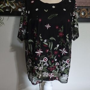 Floral Embroidered Black Top